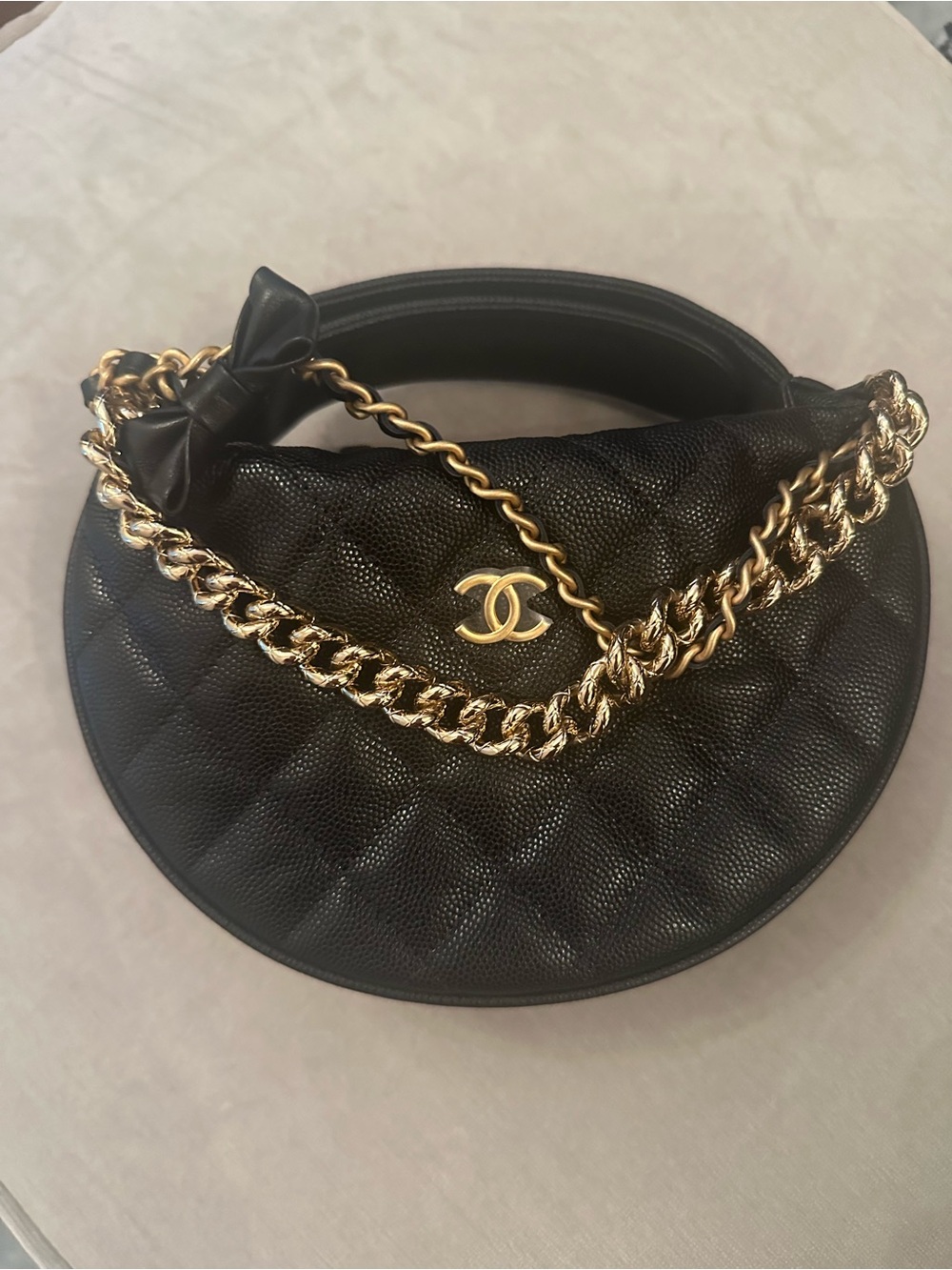 CHANEL Black Quilted Crescent Shoulder Bag with Gold Chain